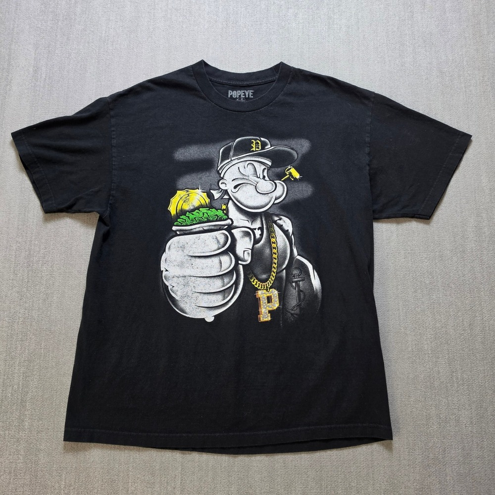 Popeye Graphic T-Shirt Men XL Black Streetwear Gold Chain Spinach Tee